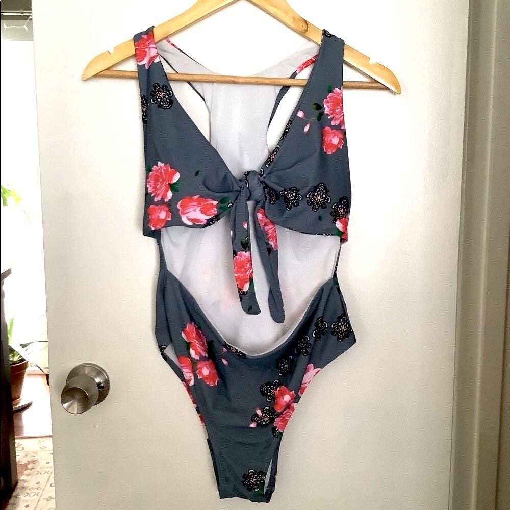 NWOT  One Piece Floral Bathing Suit Tie Front